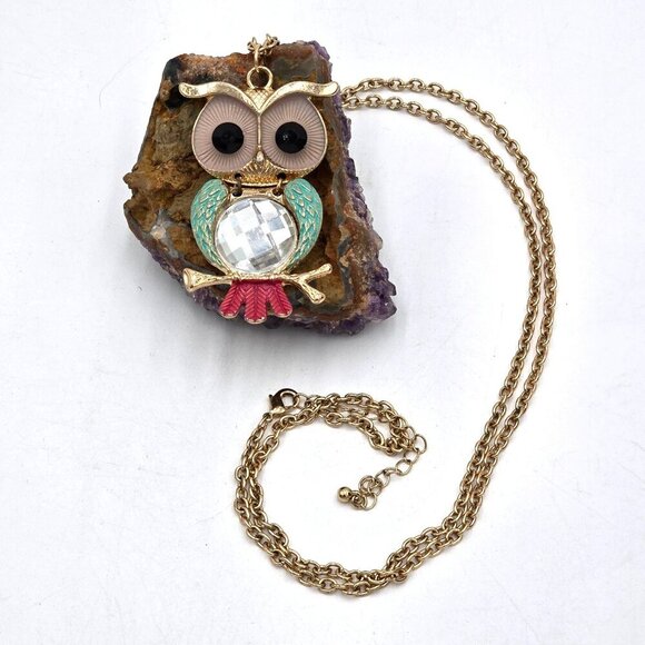 Vintage Charming Charlie Enamel Owl Pendant Necklace Turquoise Gold-Tone Chain - Picture 3 of 8